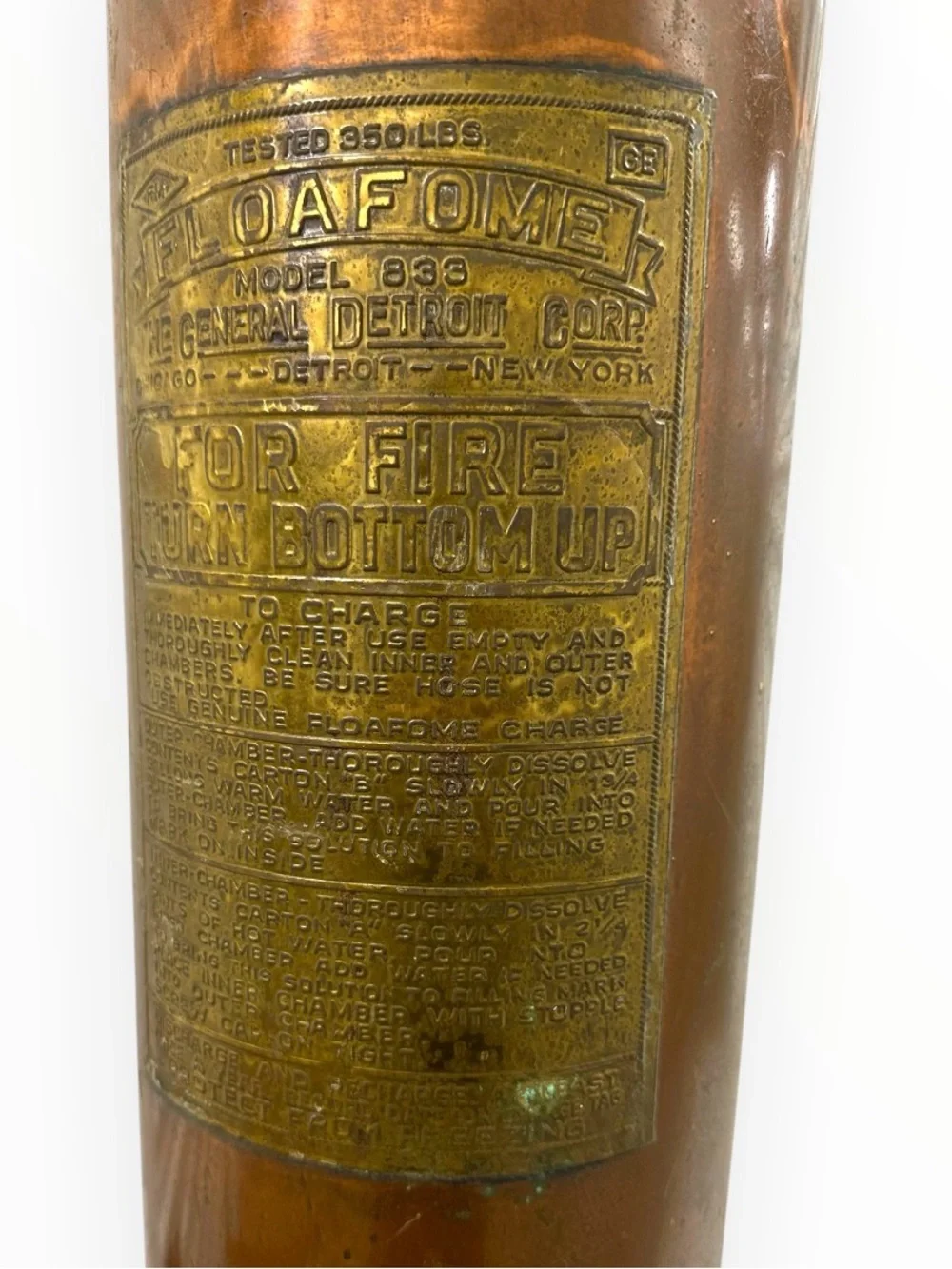 Vintage General Detroit Floafome 833 Copper Brass Fire Extinguisher 23” - Decor